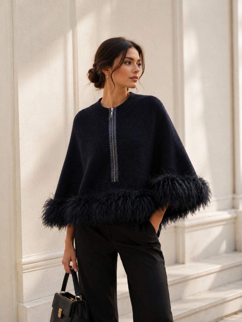 Nanette Lepore Black Merino Wool Cape Poncho Real Mongolian Lamb Fur Trim XS/S